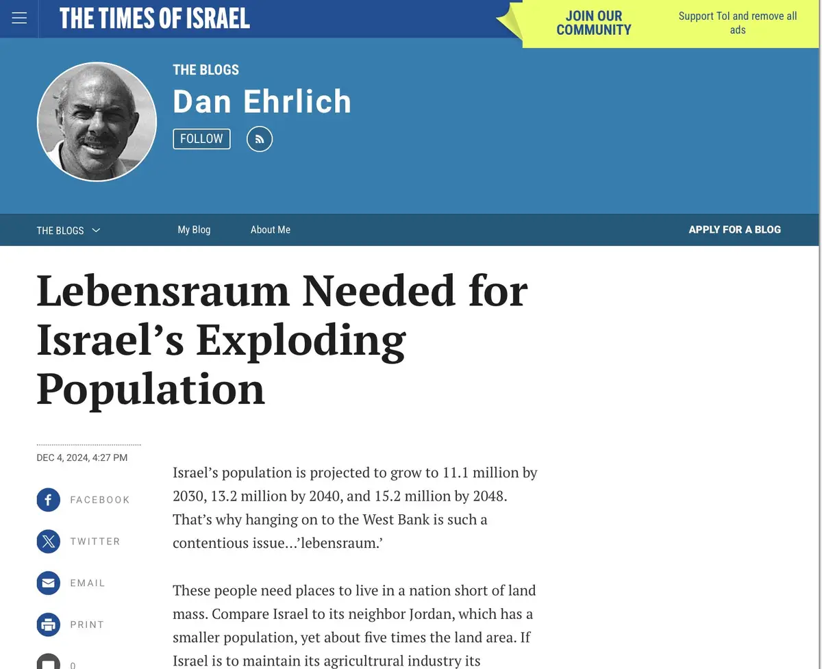 A screenshot of a blog post from 'The Times of Israel' by Dan Ehrlich, titled 'Lebensraum Needed for Israel's Exploding…