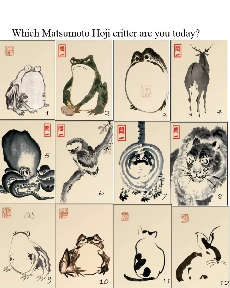 The image displays a grid of twelve traditional Japanese ink wash paintings of various animals, including frogs, a deer, an…
