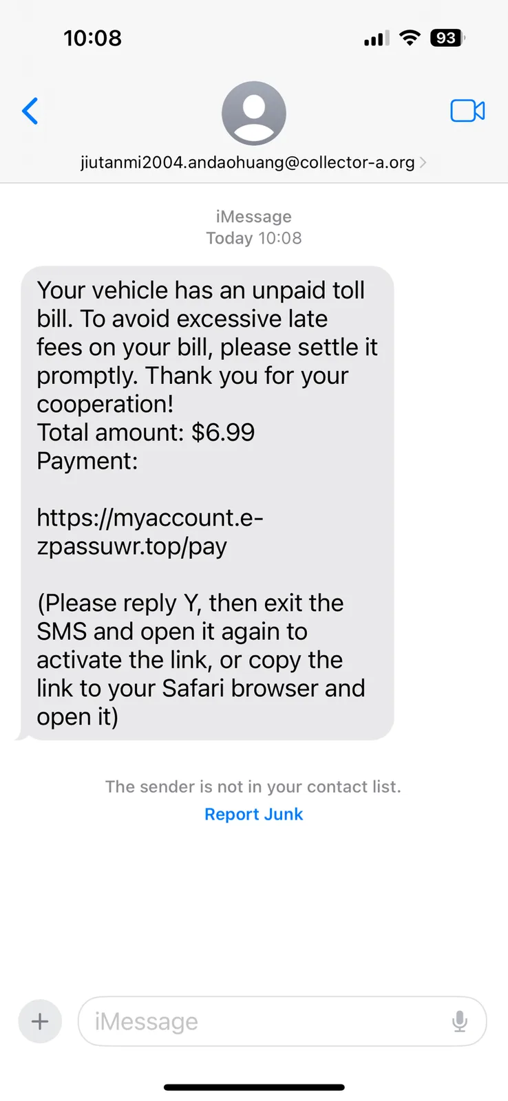 An iMessage screenshot shows a fraudulent text message claiming the recipient has an unpaid toll bill of $6.99, urging them…