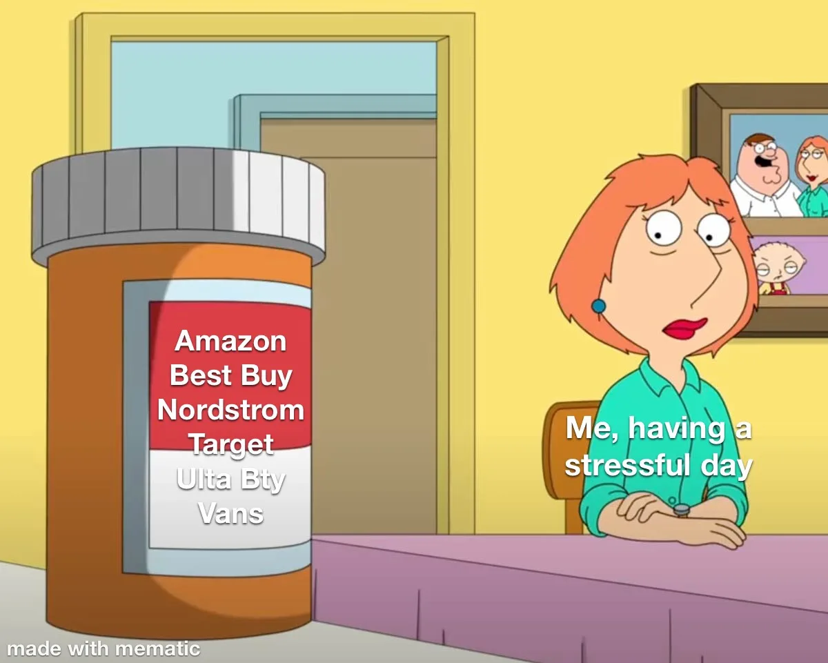 A cartoon woman sits at a table looking stressed next to a giant prescription bottle labeled with retail brands like Amazon…