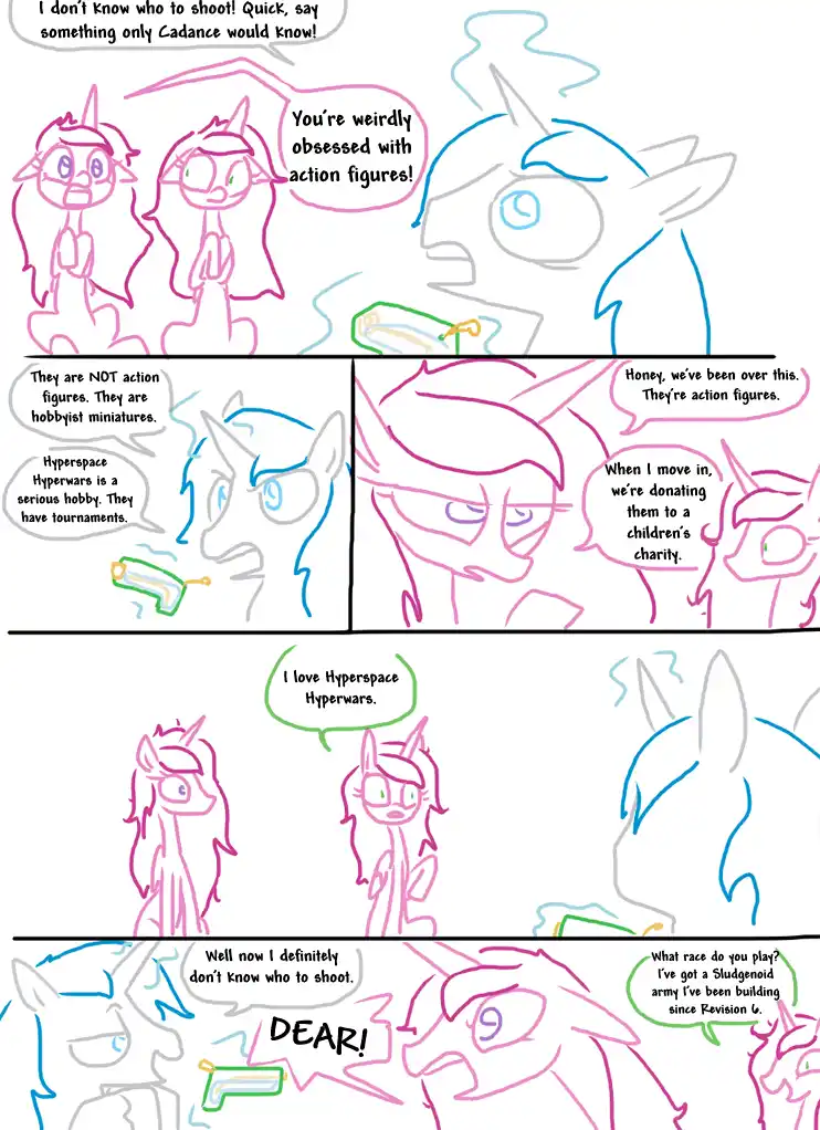 A comic strip featuring stylized pony characters in a sketchy, unfinished art style. Two pink ponies argue with a blue pony…