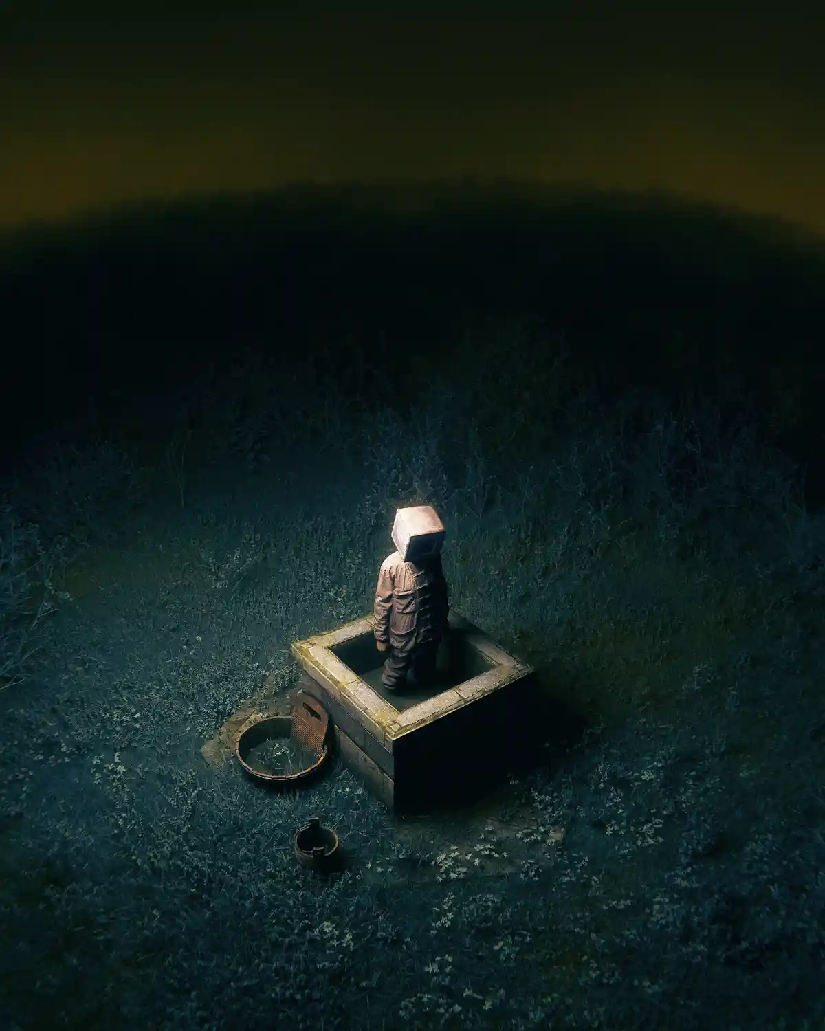 A person wearing a brown jumpsuit stands alone in a dark, misty field, their head replaced by a vintage television set. They…