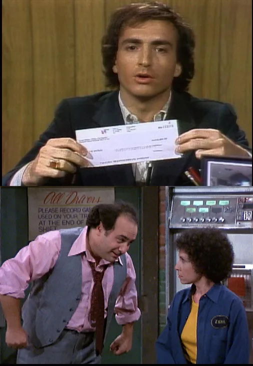 The image is a two-panel meme from the TV show 'Taxi'. The top panel shows actor Judd Hirsch holding a large check with a…