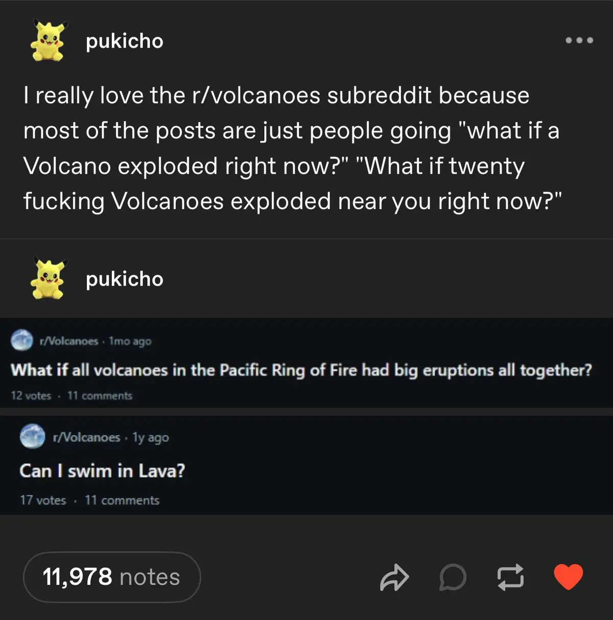 A screenshot of a Tumblr post by user 'pukicho' with a Pikachu avatar, showing a comment praising the r/volcanoes subreddit…
