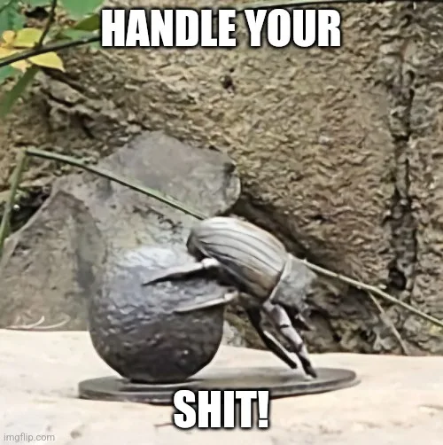 A bronze statue of a dung beetle pushing a large, round ball of dung across a stone base. The image has bold white text…
