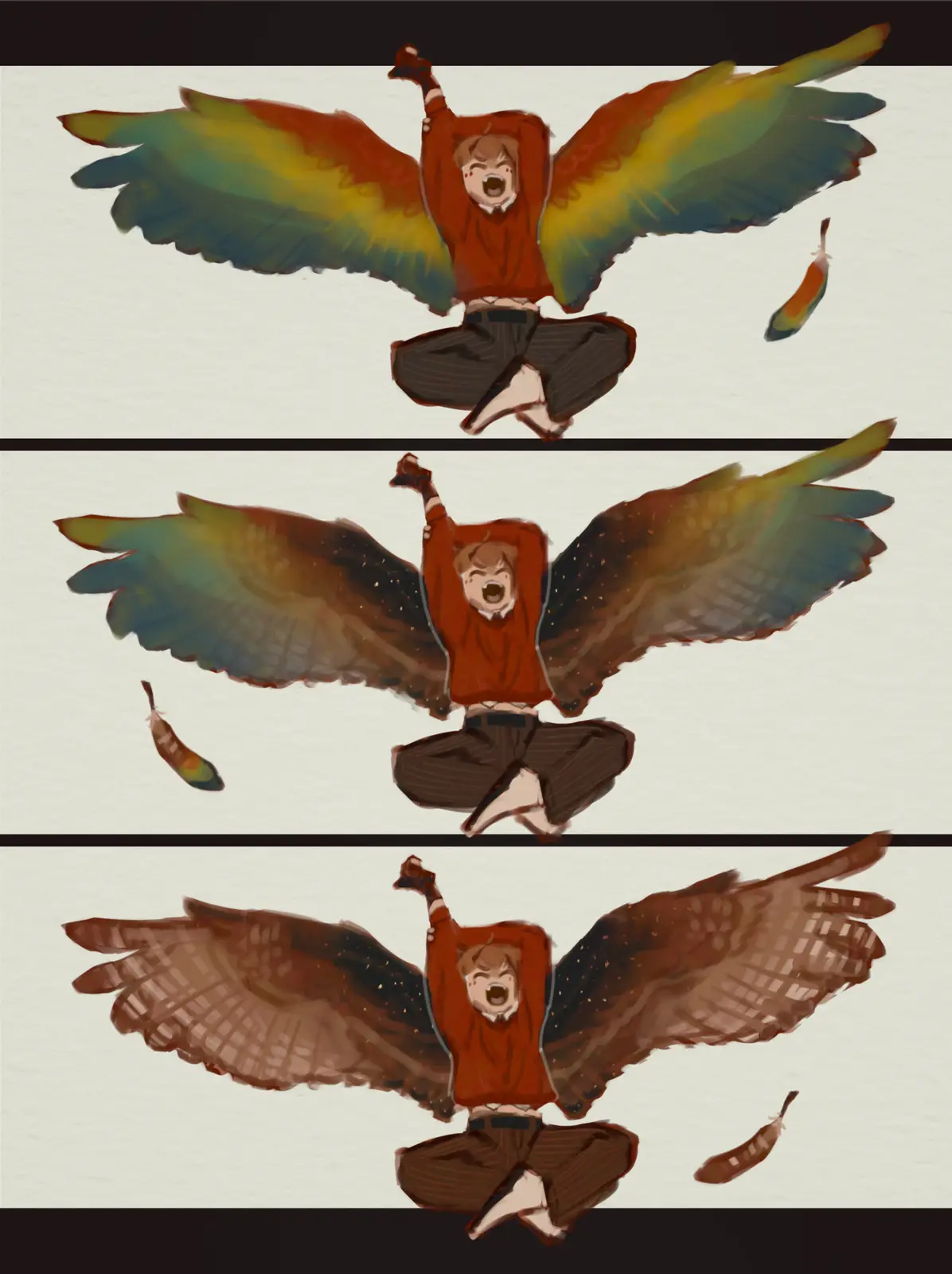 Three panels show a person with large, colorful wings in a joyful, triumphant pose, with a single feather falling beside…