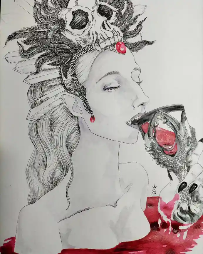 A black-and-white ink drawing shows a woman with elf-like ears, wearing a headdress with skulls and feathers, drinking from…