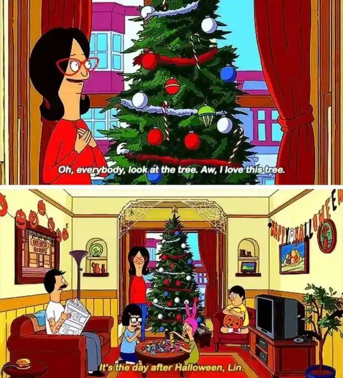 The top panel shows a woman in a red shirt admiring a decorated Christmas tree with candy canes and ornaments, saying 'Oh…
