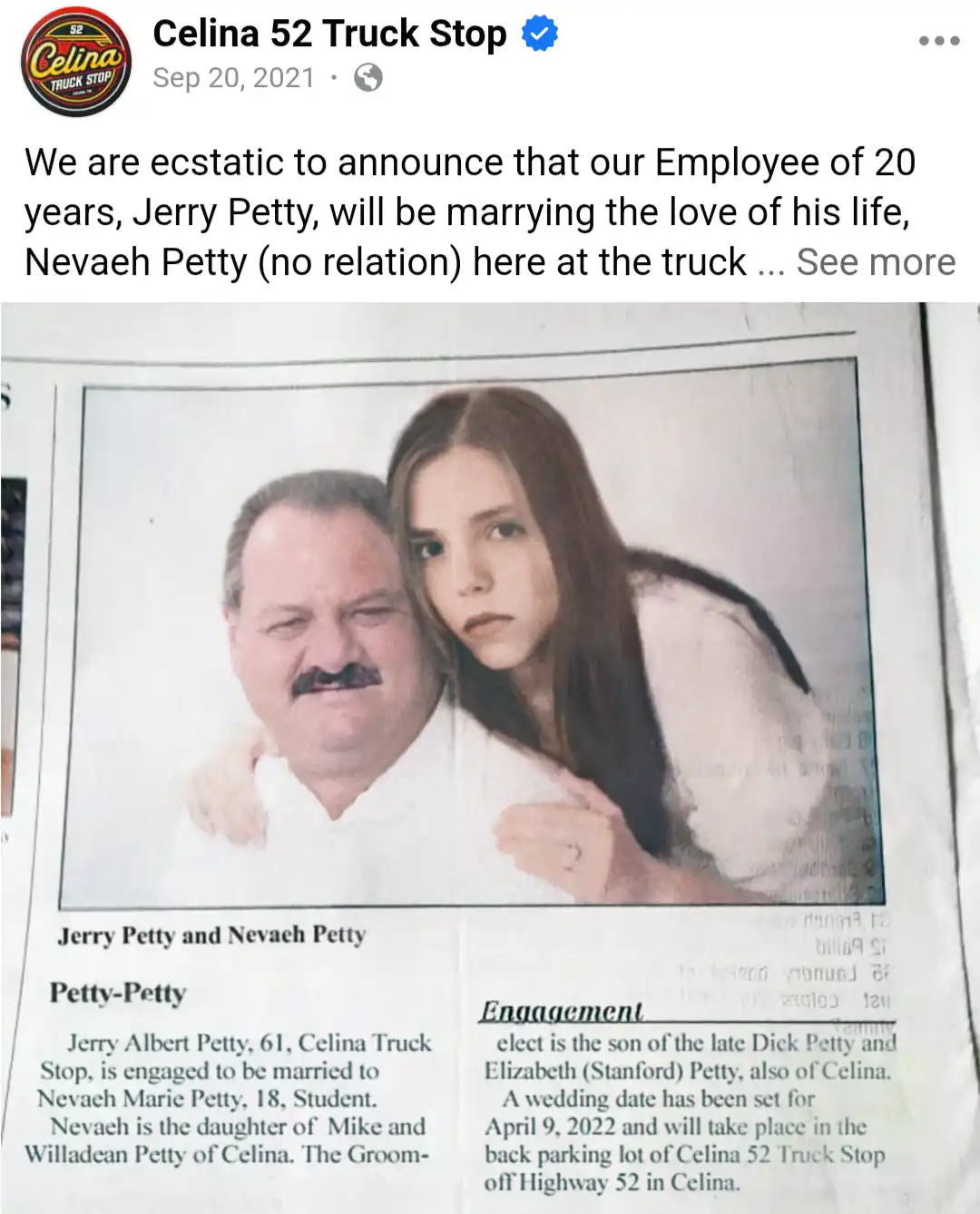 A newspaper clipping from Celina 52 Truck Stop announces the engagement of Jerry Petty, 61, and Nevaeh Petty, 18, who are…