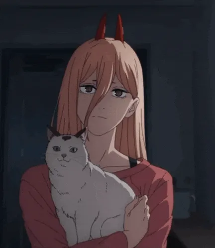 A six-panel anime-style image shows a woman with red horns and orange hair holding a white cat. In the first three panels…