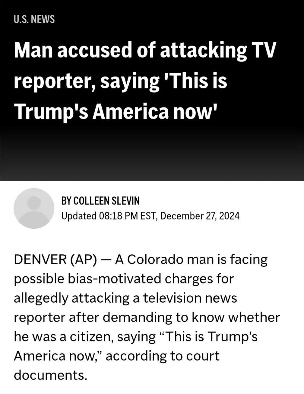 A screenshot of a U.S. News article headline reads 'Man accused of attacking TV reporter, saying 'This is Trump's America…