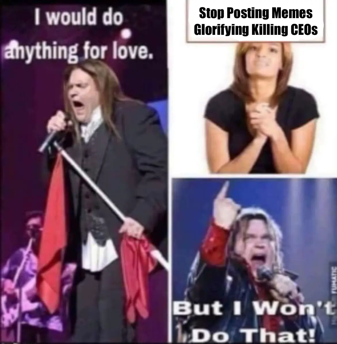 The image is a three-panel meme. The top-left panel shows a man with long hair singing passionately into a microphone while…