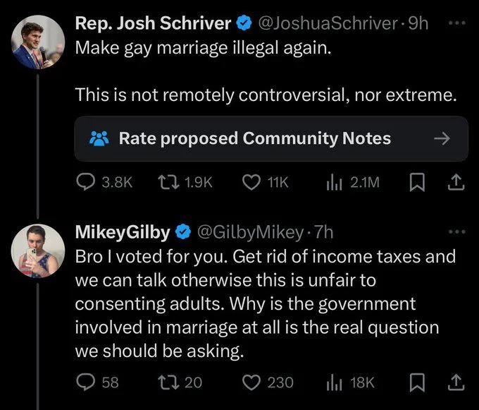 A screenshot of two Twitter replies. The first, from Rep. Josh Schriver, says 'Make gay marriage illegal again. This is not…