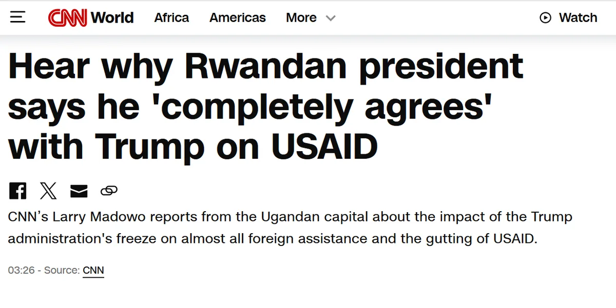 A screenshot of a CNN World news article headline that reads 'Hear why Rwandan president says he 'completely agrees' with…