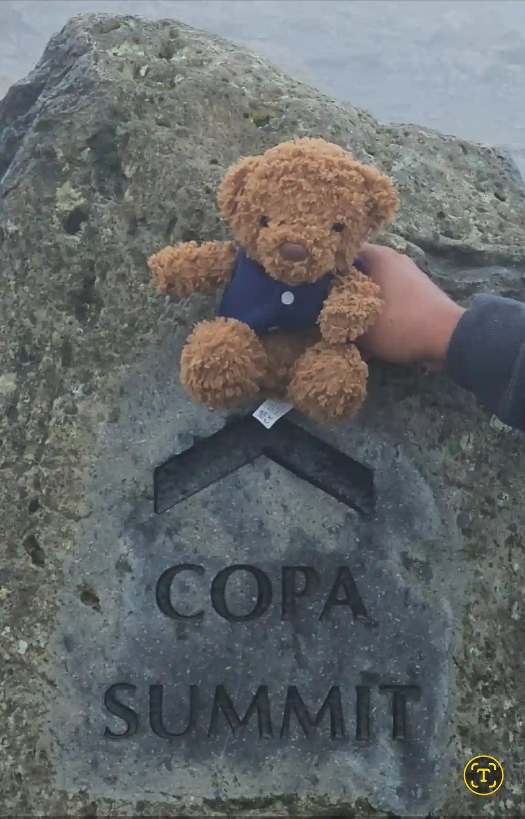 A hand holds a small brown teddy bear wearing a blue vest, positioning it atop a large grey rock marked with an arrow and…