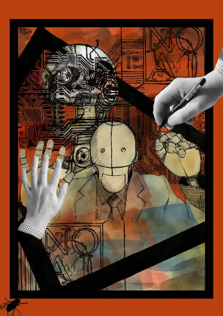 A surreal illustration shows a human hand drawing a robot with circuitry, while another hand reaches out from the drawing…