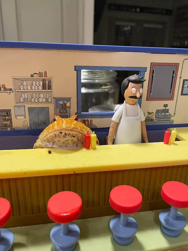 A photo of a Bob's Burgers toy set shows a large, golden-brown burger with eyes and a mouth, sitting on a yellow counter…