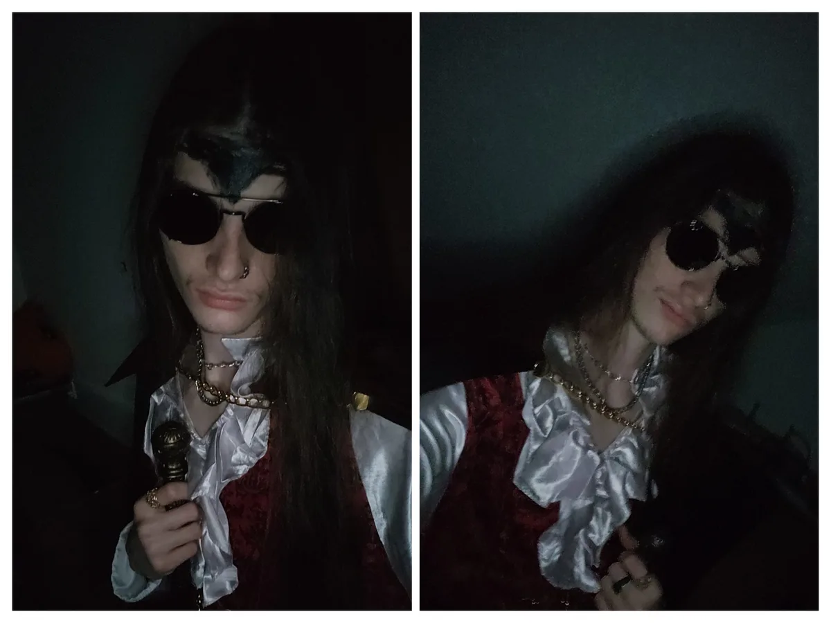 Two side-by-side photos of a person in dark, gothic-style clothing with long dark hair, round sunglasses, and a nose ring…