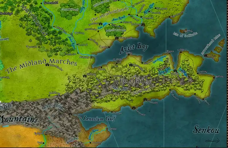 A fantasy map showing regions like The Midland Marches, The Glades, and Avict Bay with rivers, mountains, and towns. The…