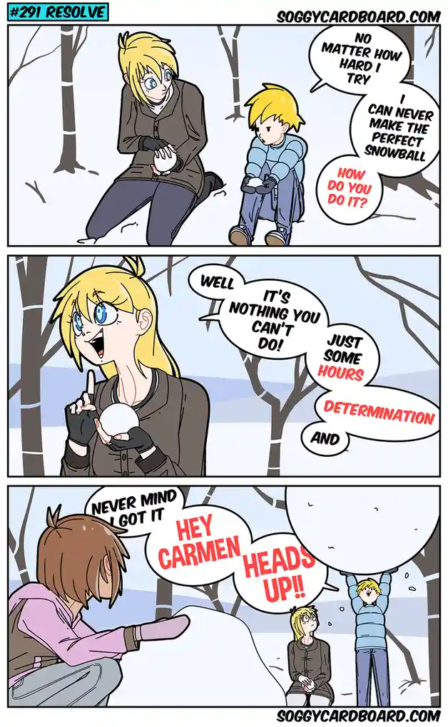 A three-panel comic shows a child struggling to make a perfect snowball, asking an adult for advice. The adult confidently…