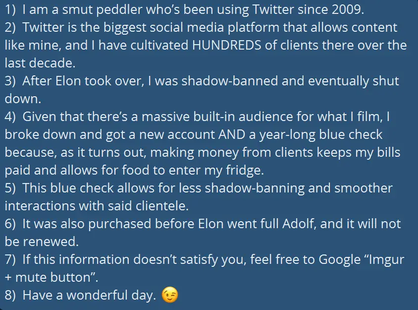 A dark blue background with white text listing eight numbered points about a content creator's experience with Twitter…