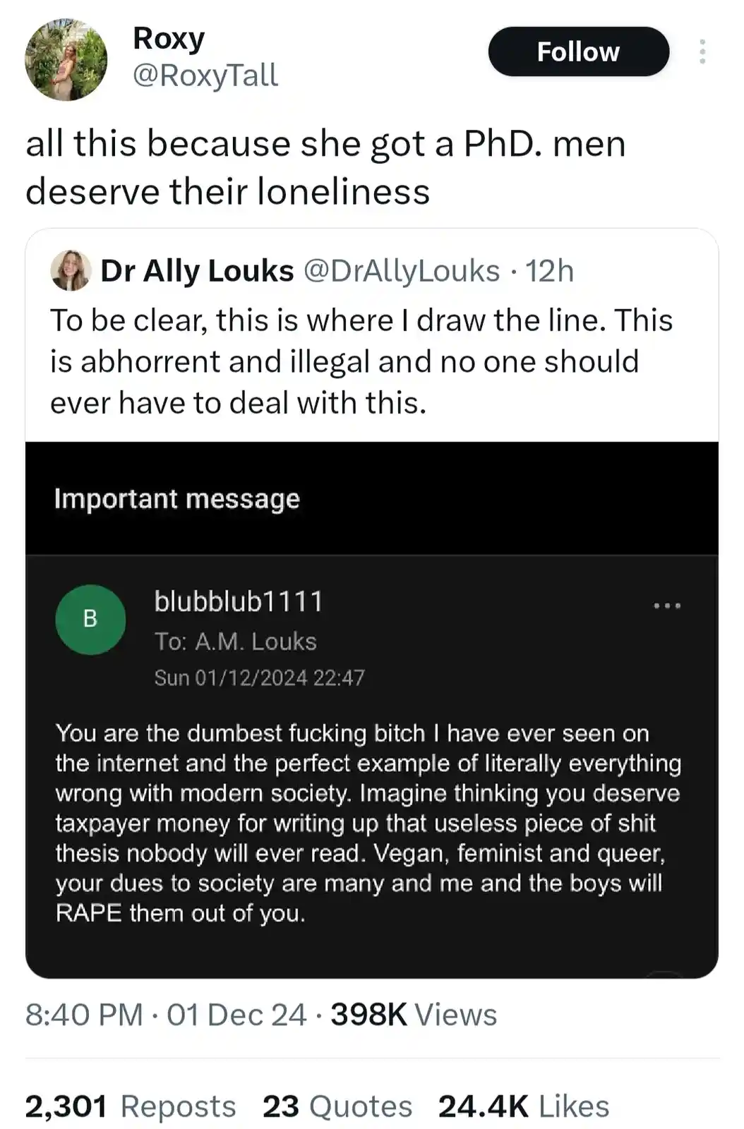A screenshot of a Twitter thread shows a user named Roxy replying to a tweet from Dr. Ally Louks, who condemned a hateful…