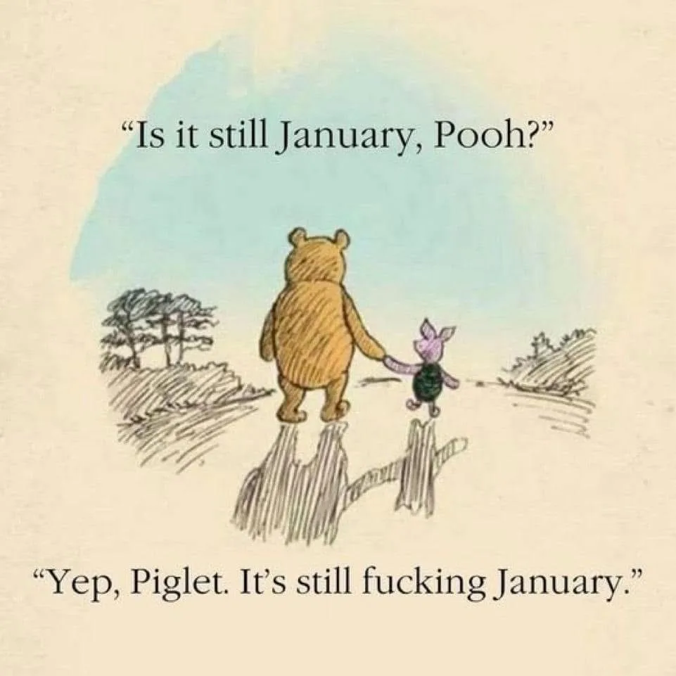 A classic Winnie the Pooh illustration shows the bear and Piglet walking away from the viewer, holding hands, with a simple…