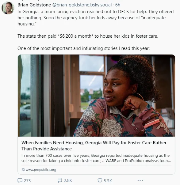 A screenshot of a tweet by Brian Goldstone showing a photo of a Black woman looking out a window, overlaid with text from…