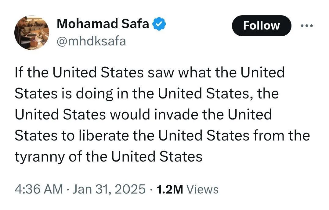 A screenshot of a tweet by verified user Mohammad Safa (@mhdkksafa) displaying the text: 'If the United States saw what the…