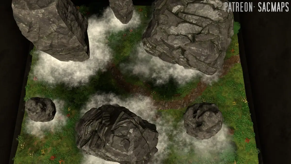 An overhead view of a fantasy terrain map featuring large, jagged grey boulders scattered across a green grassy field with…