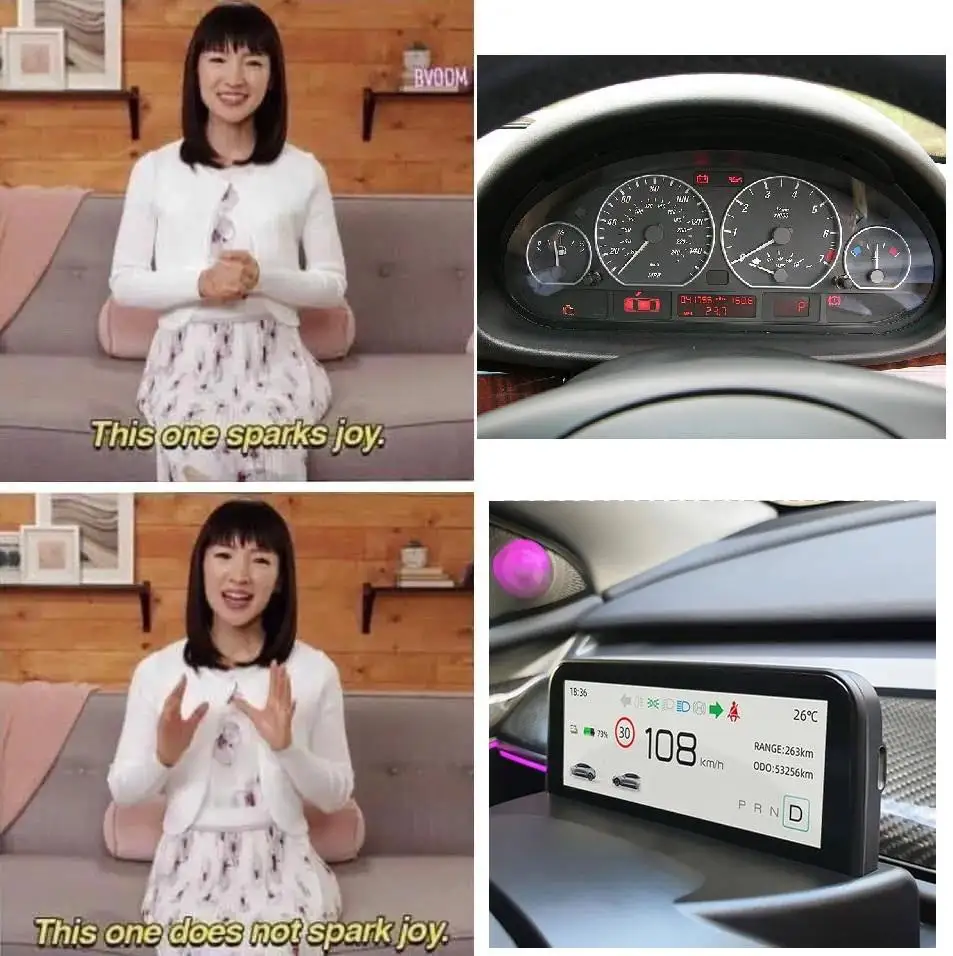 A four-panel meme juxtaposes clips of Marie Kondo from her 'spark joy' video with car dashboard images. Top left: Marie…