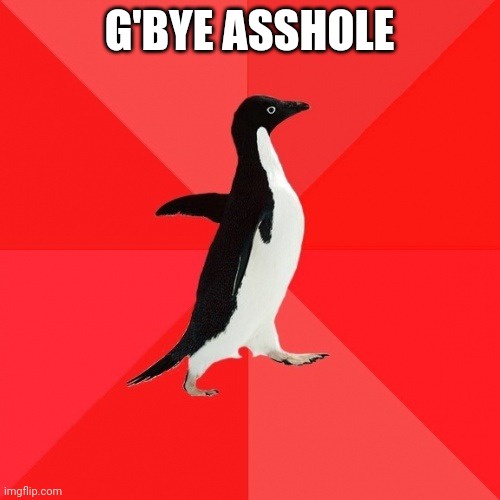 A black-and-white penguin stands on a red background with diagonal stripes, walking away with its head turned slightly. The…