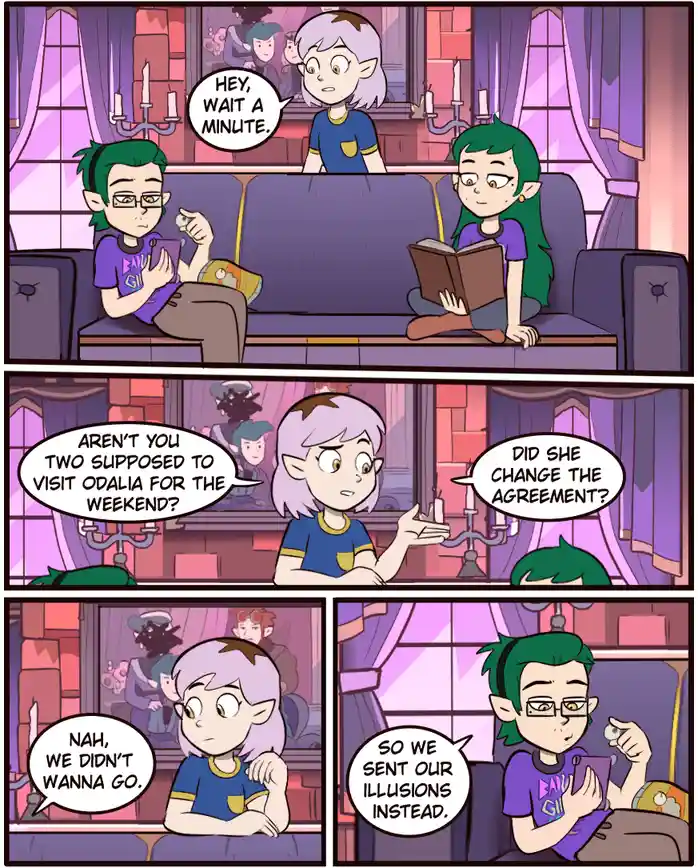 A three-panel comic strip from 'The Owl House' shows two characters on a couch. One character interrupts, asking why they…