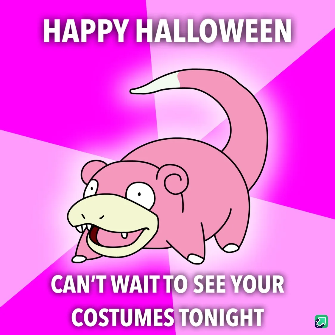 A pink cartoon Pokémon named Slowpoke is shown against a bright pink and magenta background with diagonal light rays. The…