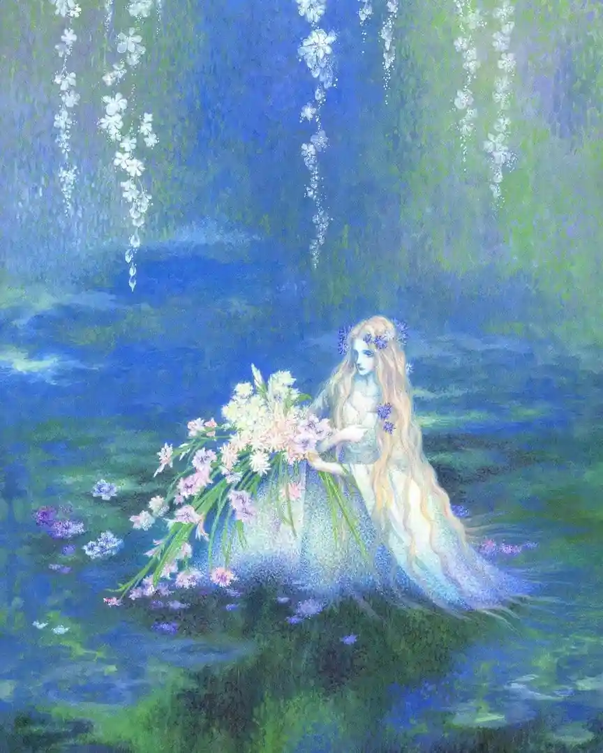 A serene, ethereal painting depicts a woman with long blonde hair adorned with blue flowers, sitting in a tranquil…