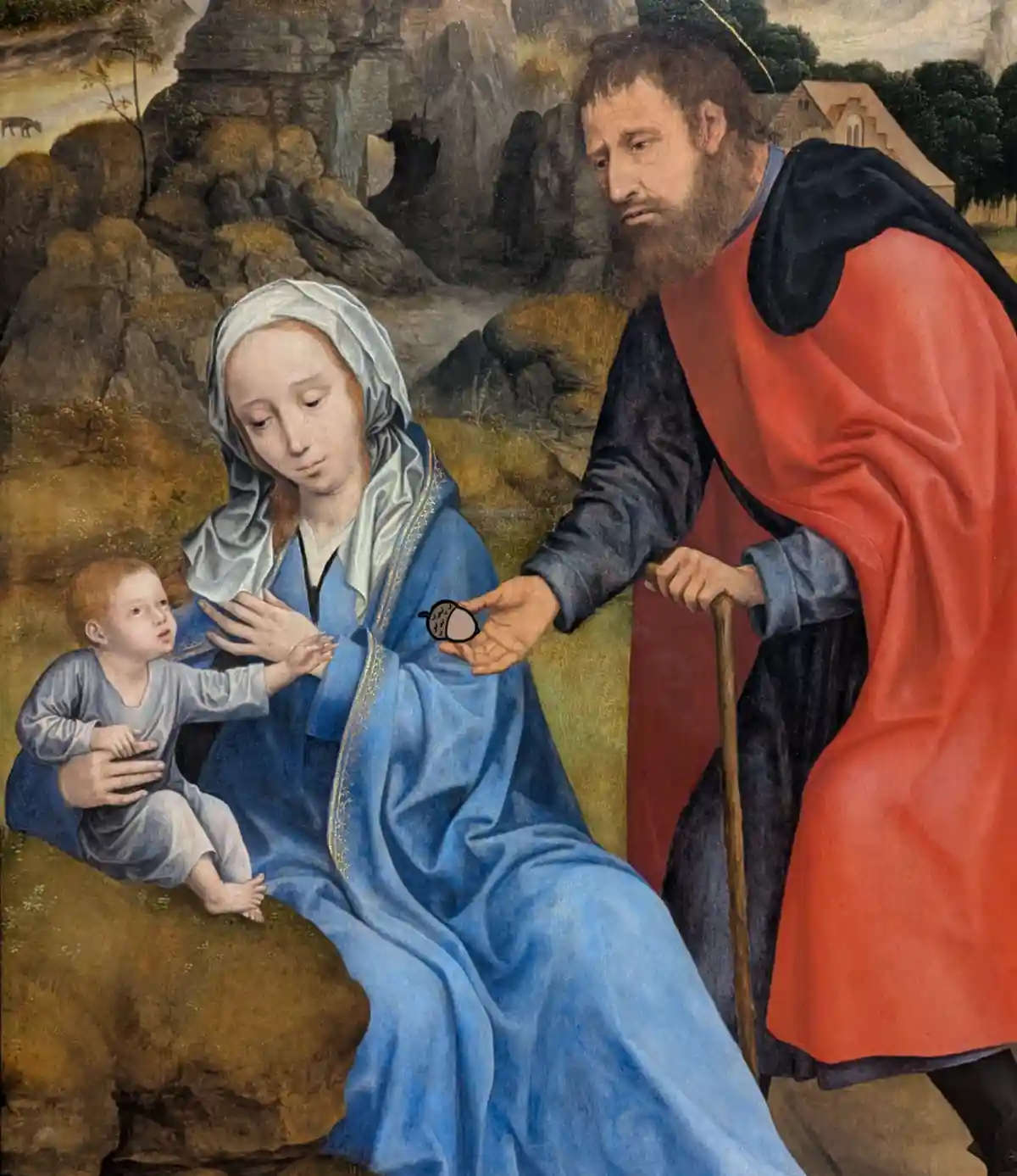 a classical religious painting depicts the holy family: mary in blue robes holding baby jesus, and saint joseph in red and…