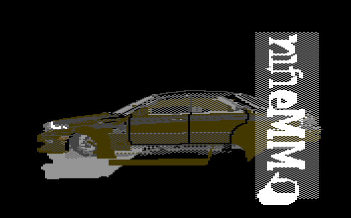 A low-resolution, pixelated image of a dark-colored sedan car viewed from the side, set against a black background. The word…