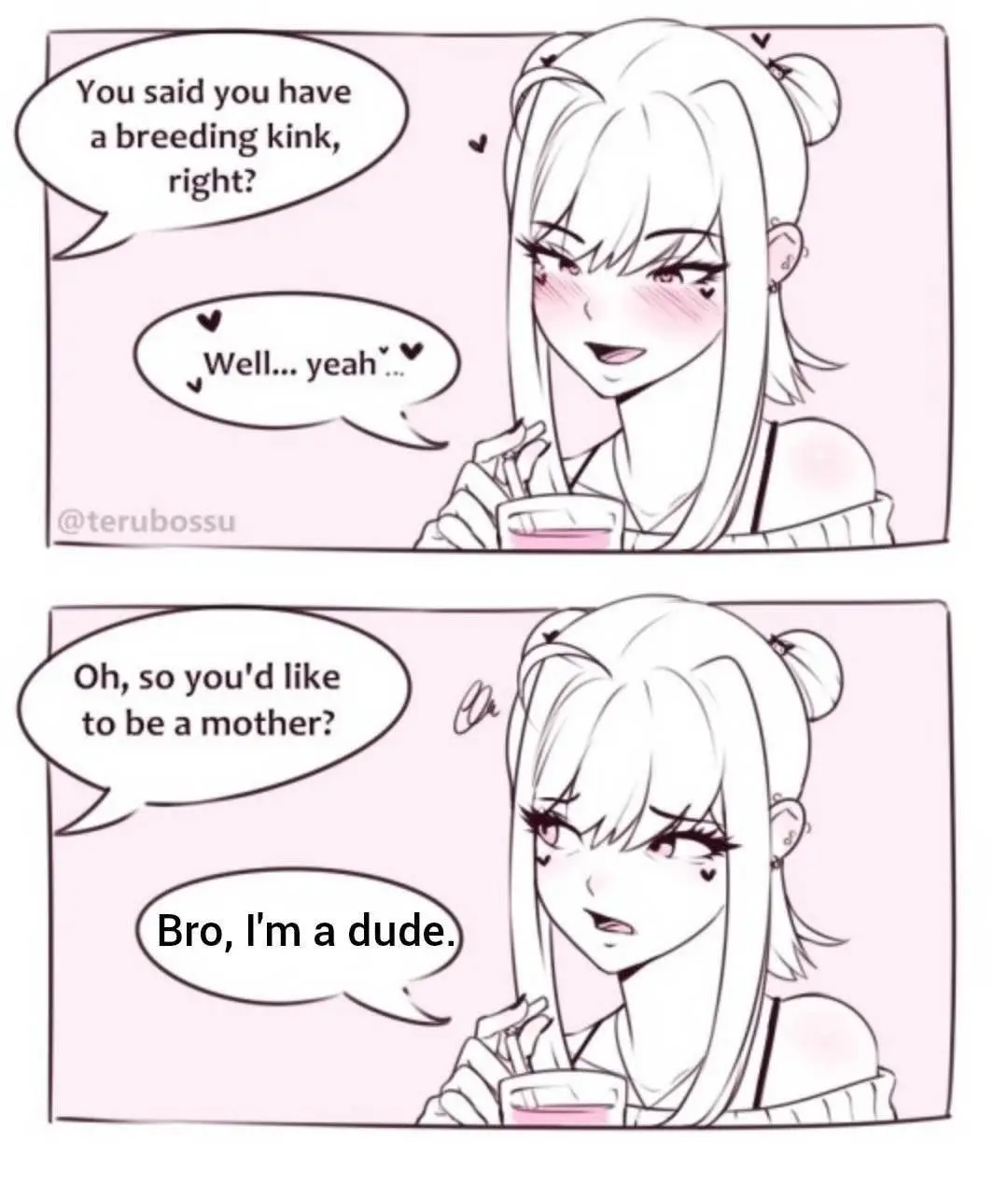 A two-panel anime-style comic featuring a female character with long hair and heart-shaped blush marks. In the first panel…