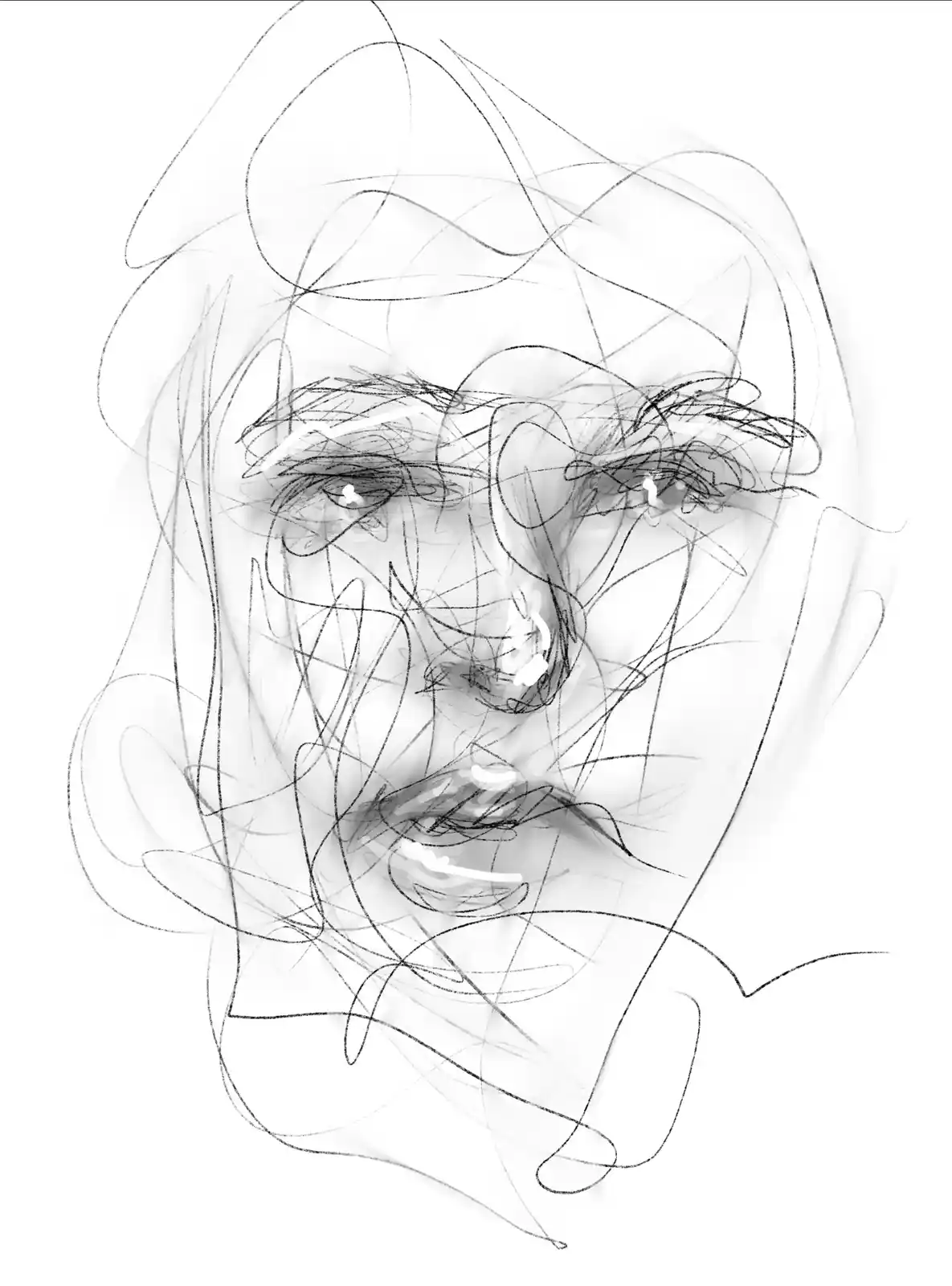 A black-and-white sketch of a human face, rendered with chaotic, overlapping scribbles that obscure features, conveying…