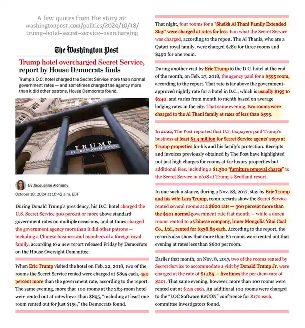 The image displays a Washington Post article about the Trump International Hotel in Washington D.C., detailing how the hotel…