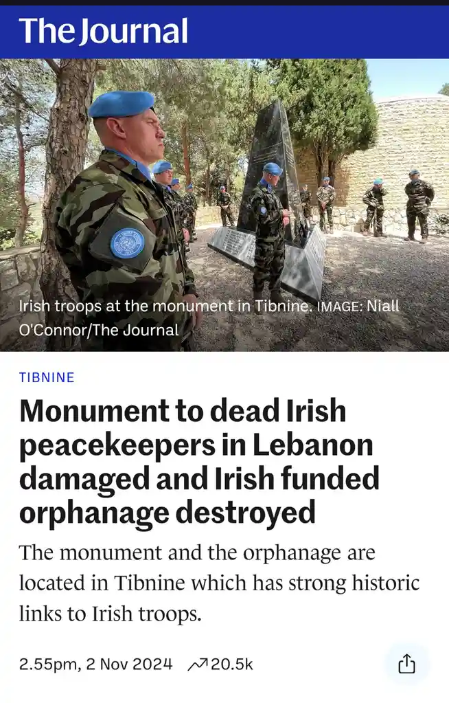 A screenshot of a news article from 'The Journal' shows Irish UN peacekeepers in uniform with blue berets standing at…