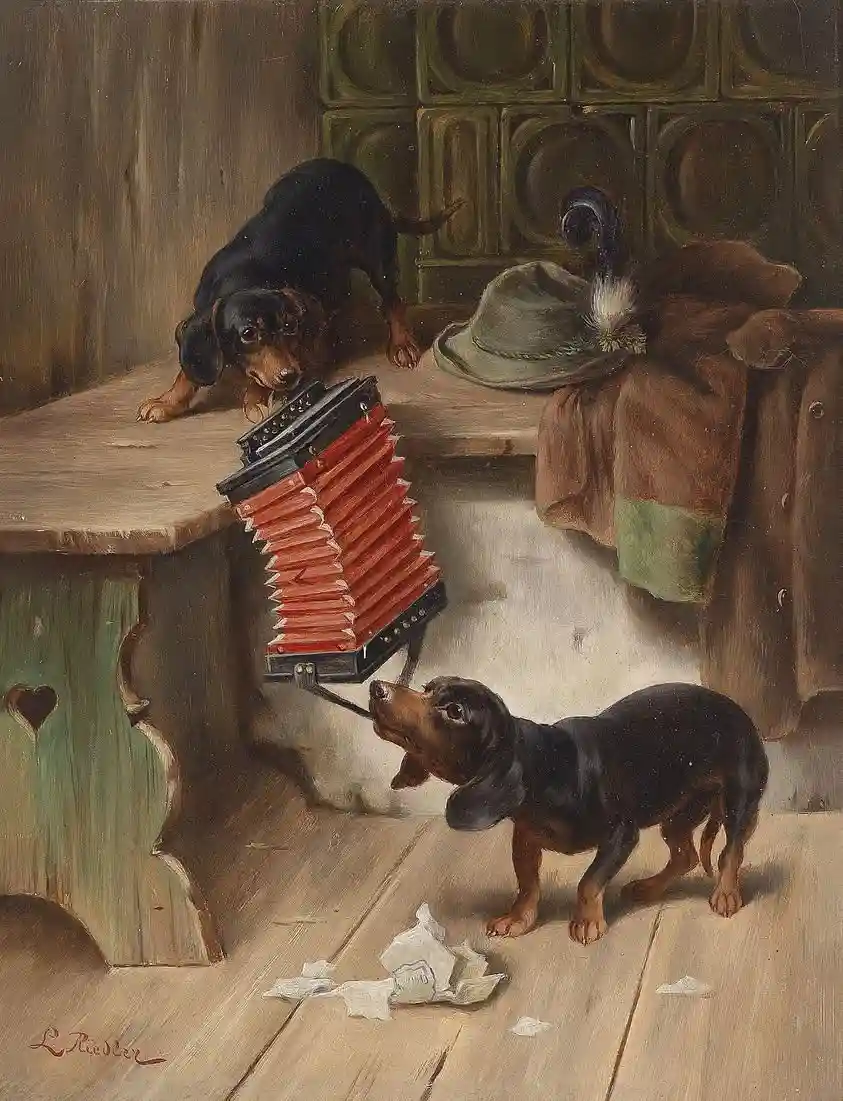 A vintage painting depicts two dachshunds interacting with an accordion: one stands on a wooden table, pressing keys, while…