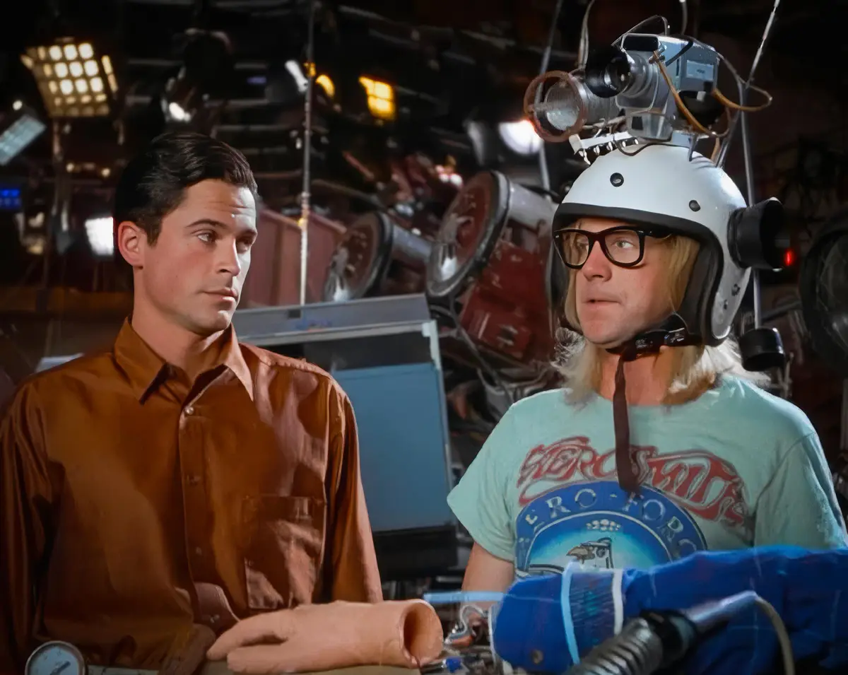 Two men sit side by side in a cluttered workshop; the man on the right wears a white helmet with a camera and microphone…