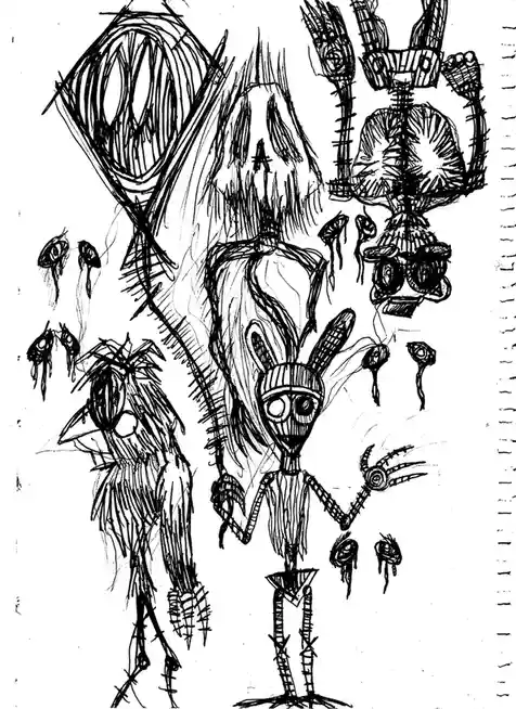 A black-and-white sketch depicts several grotesque, stitched-together animatronic figures resembling characters from Five…