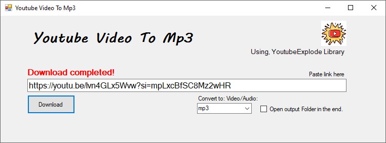 A screenshot of a YouTube to MP3 converter software interface showing a completed download with a YouTube link in the input…