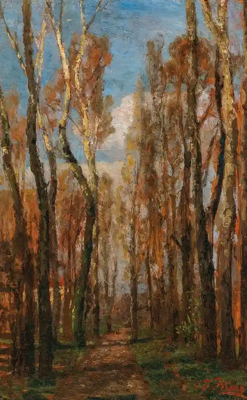 An impressionist painting of a forest path flanked by tall, slender trees with autumnal orange and brown foliage against a…