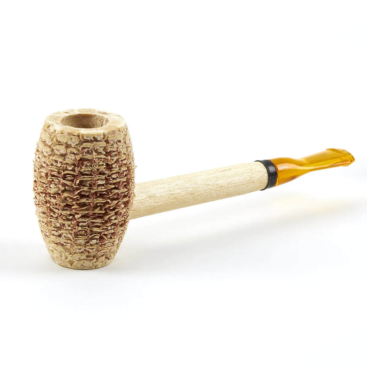 A tobacco pipe with a textured, layered bowl and a light wood stem ending in an amber-colored mouthpiece, set against a…