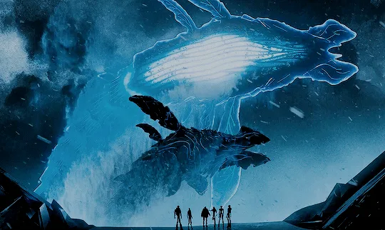 The image displays two rows of three identical panels each, showing a massive, glowing blue whale-like creature with…