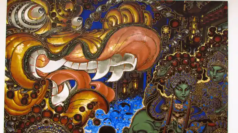 A surreal, ornate painting features a massive, stylized golden dragon with sharp teeth and glowing eyes dominating the left…