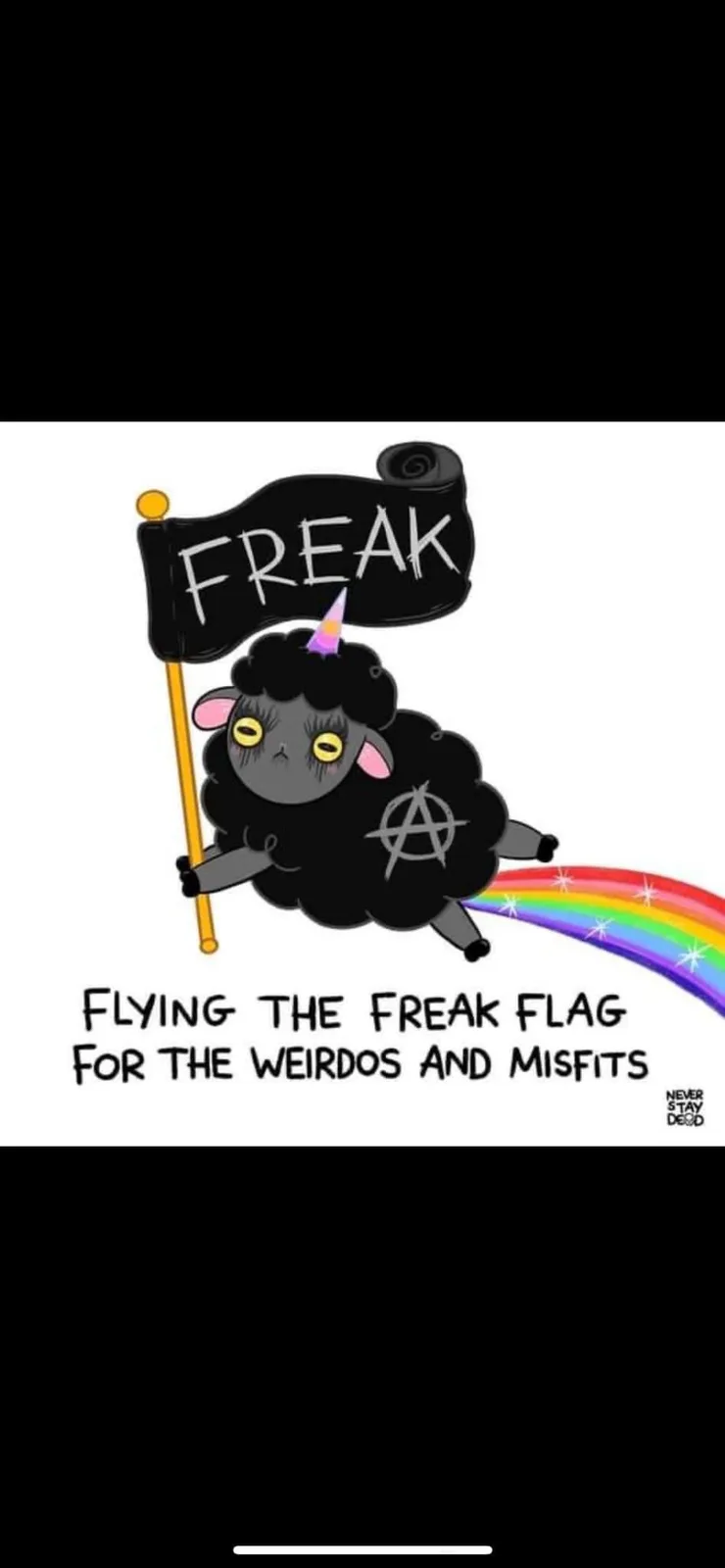 A cartoon black sheep with yellow eyes, a purple unicorn horn, and an anarchy symbol on its side is flying through the air…